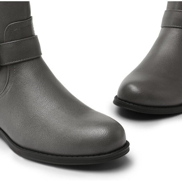 Women's Faux Leather Grey Knee High Buckle Chunky Heel Flat Riding Pirate Boots - Picture 5 of 7